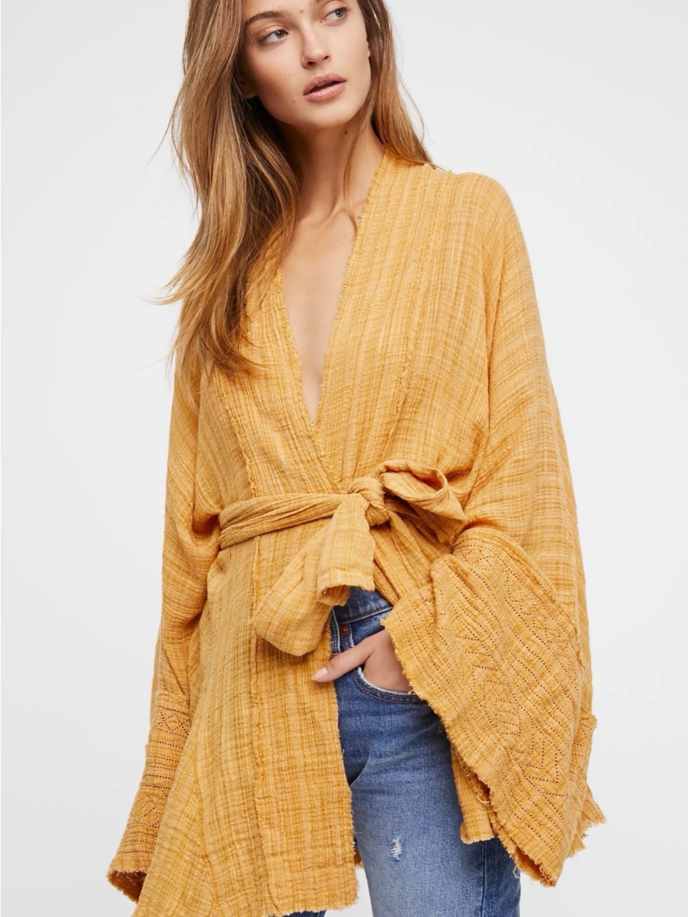 Free People One Mustard Yellow Tie- Front Gauze Tie Wrap Kimono